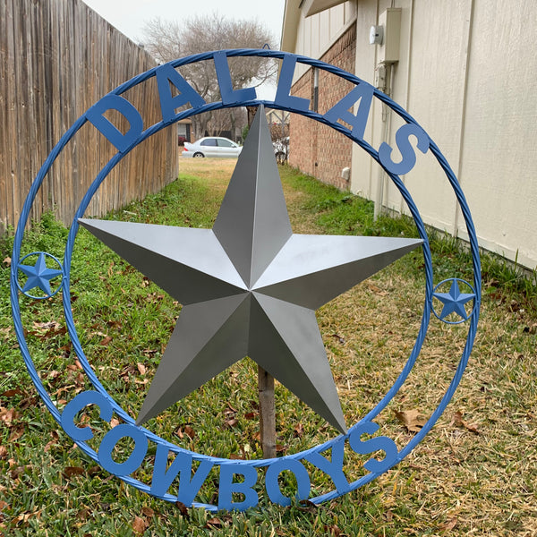 DALLAS COWBOYS SILVER & LIGHT BLUE BARN STAR CUSTOM VINTAGE METAL LONE STAR ART WESTERN HOME DECOR SIZE:24",32",36",40",42",44",46",50"