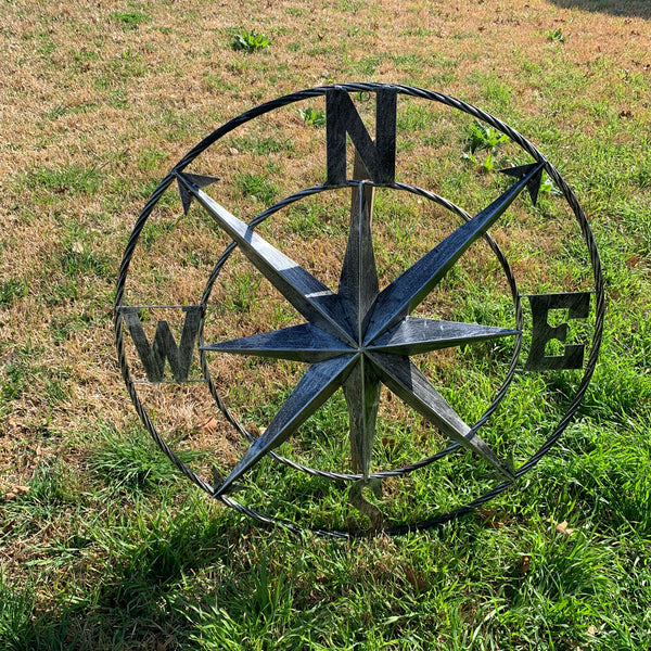 36" COMPASS GREY METAL ART WESTERN METAL ART HOME WALL DECOR RUSTIC GREY #EH10383