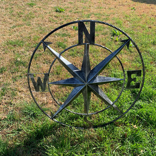 36" COMPASS GREY METAL ART WESTERN METAL ART HOME WALL DECOR RUSTIC GREY