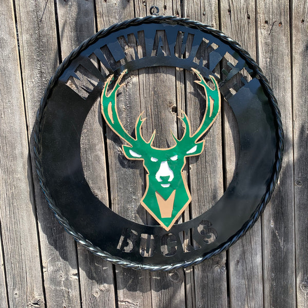 24" MILWAUKEE BUCKS WIDE BAND DISC STYLE METAL CUSTOM VINTAGE CRAFT TEAM SPORTS SIGN HANDMADE