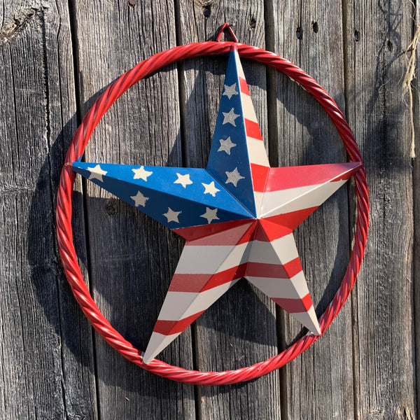 AMERICAN Flag USA Metal Barn Star RED , BEIGE, NAVY BLUE WITH RED Rope Ring Western Home Decor Handmade 12",16",24",30",34",36",40",48"