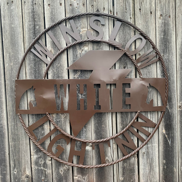 CUSTOM NAME LIGHTNIN HORSE SIGN RAW METAL BARN ROPE RING WESTERN HOME DECOR HANDMADE 24",32",36"