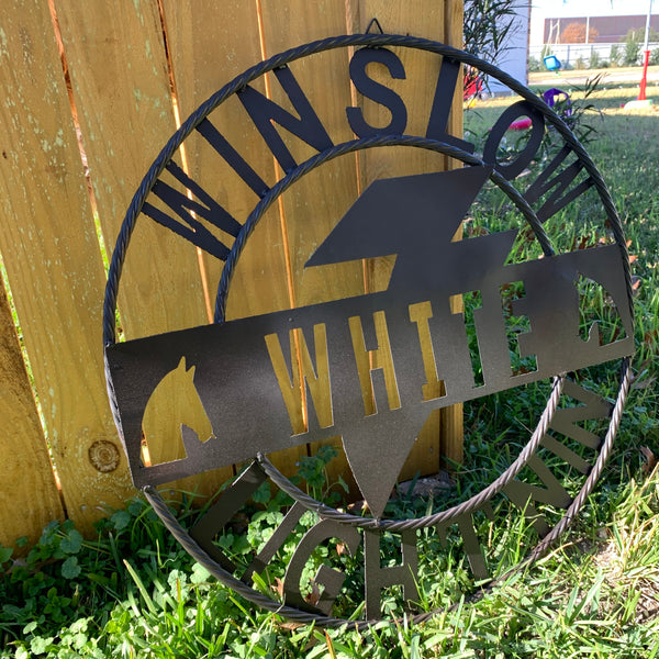 CUSTOM NAME LIGHTNIN HORSE SIGN RAW METAL BARN ROPE RING WESTERN HOME DECOR HANDMADE 24",32",36"