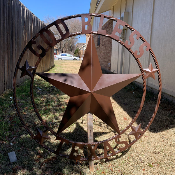 #EH11085 GOD BLESS TEXAS BROWN BARN STAR METAL LONE STAR TWISTED ROPE RING WESTERN HOME DECOR HANDMADE NEW