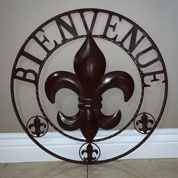 24", 32" FLEUR DE LIS BIENVENUE METAL WALL ART WESTERN HOME DECOR RUSTIC BROWN NEW