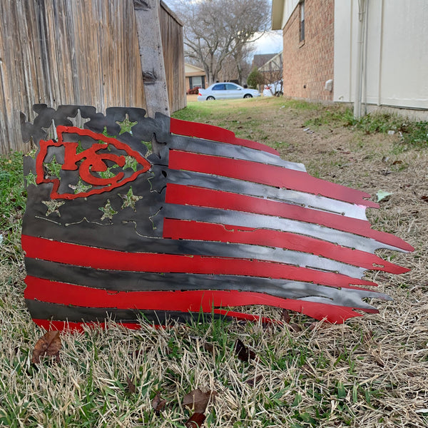 KANSAS CITY CHIEFS METAL TATTERED FLAG CUSTOM VINTAGE CRAFT WALL ART HANDMADE