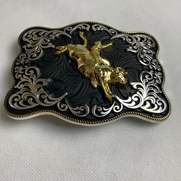 4.5" X 3.5" RODEO BELT BUCKLE BLACK SILVER & GOLD WESTERN BUCKLE FASHION ART NEW #EH12269