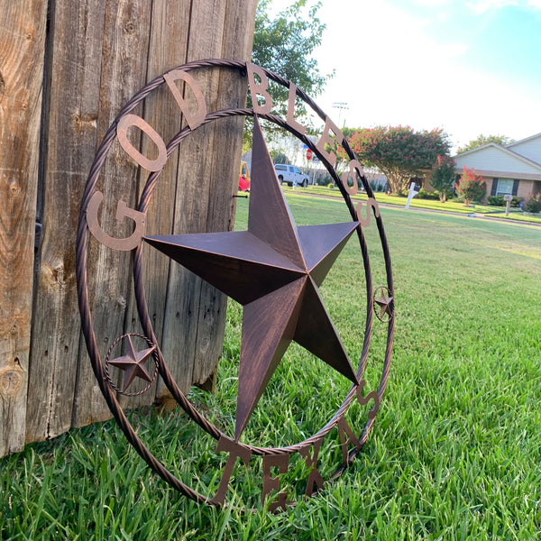 #EH10197 GOD BLESS TEXAS BARN STAR METAL LONESTAR TWISTED ROPE RING WESTERN HOME DECOR HANDMADE NEW