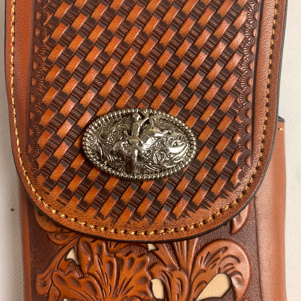 #LG2003 7.5" RODEO TAN BROWN & BEIGE LEATHER POUCH EXTRA LARGE  BELT LOOP HOLSTER CELL PHONE CASE UNIVERSAL OVERSIZE