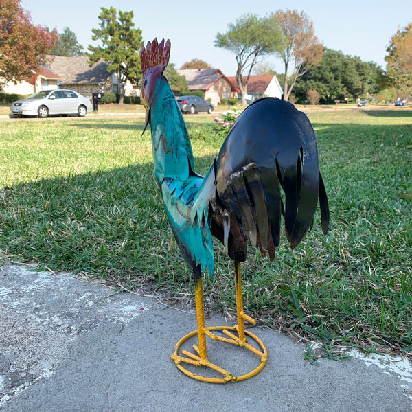 #34-041 RUSTIC TURQUOISE ROOSTER 20",30",40" CHICKEN GARDEN ANIMAL SCULPTURE METAL DECOR ORNAMENT HANDMADE