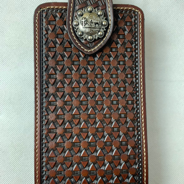 #WS343D 7" COWBOY PRAYER COFFEE BROWN LEATHER POUCH EXTRA LARGE  BELT LOOP HOLSTER CELL PHONE CASE UNIVERSAL OVERSIZE--FREE SHIPPING