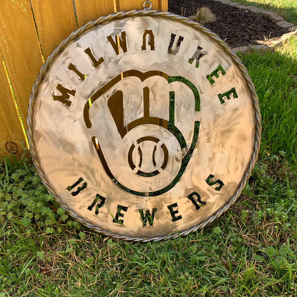 24" MILWAUKEE BREWERS RAW METAL WIDE BAND DISC STYLE CUSTOM METAL VINTAGE CRAFT TEAM SIGN HANDMADE