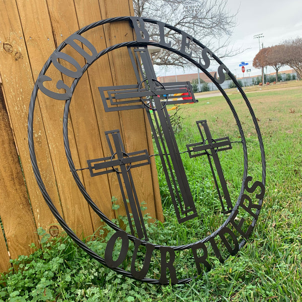 40"GOD BLESS OUR RIDERS CRUCIFIX BLACK CROSS METAL WALL ART HANDMADE