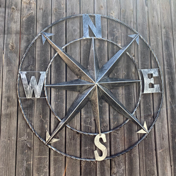 36" COMPASS GREY METAL ART WESTERN METAL ART HOME WALL DECOR RUSTIC GREY