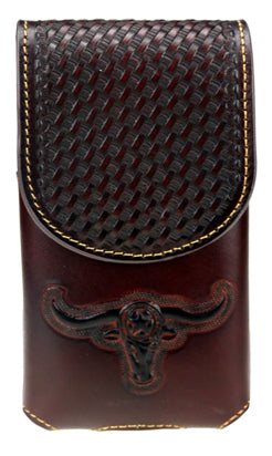 #EH11701  6.5" LONGHORNS LEATHER POUCH COFFEE BROWN EXTRA LARGE  BELT LOOP CELL PHONE CASE UNIVERSAL OVERSIZE--FREE SHIPPING