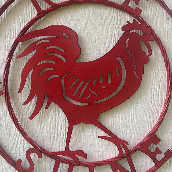 #SI_B9504 RISE & SHINE 24" RED ROOSTER CHICKEN METAL SIGN WESTERN HOME DECOR HANDMADE NEW