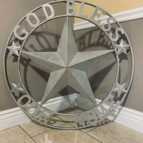 36" GOD BLESS OUR HOME RUSTIC BEIGE BARN METAL STAR ROPE RING WALL ART WESTERN HOME DECOR--FREE SHIPPING