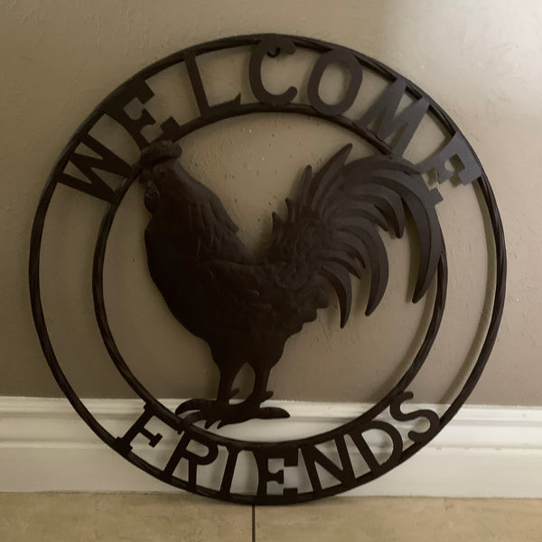 24" WELCOME FRIENDS ROOSTER WESTERN METAL ANIMAL ART HOME WALL ART RUSTIC BROWN COLOR