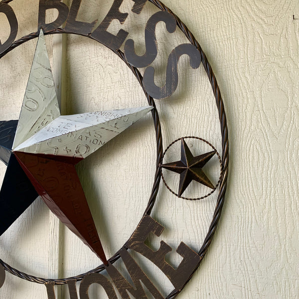 24", 32", 40" GOD BLESS OUR HOME LICENSE PLATE BARN METAL STAR ROPE RING WALL ART WESTERN HOME DECOR RED WHITE & BLUE