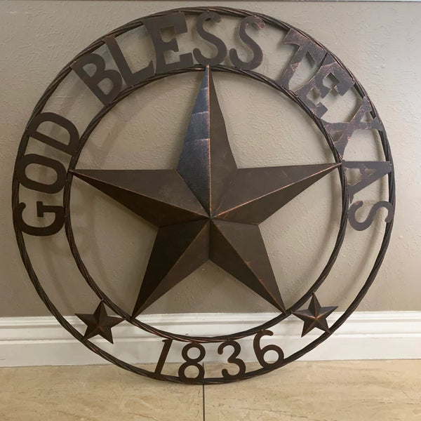 24",32" 1836 GOD BLESS TEXAS 1836 BARN METAL STAR TWISTED ROPE RING WESTERN HOME DECOR RUSTIC BRONZE NEW