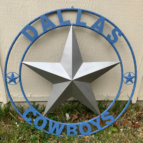 DALLAS COWBOYS SILVER & LIGHT BLUE BARN STAR CUSTOM VINTAGE METAL LONE STAR ART WESTERN HOME DECOR SIZE:24",32",36",40",42",44",46",50"