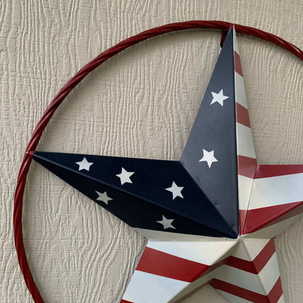 AMERICAN Flag USA Metal Barn Star RED, WHITE & BLUE WITH RED Rope Ring Western Home Decor Handmade 12",16",24",30",34",36",40",48"