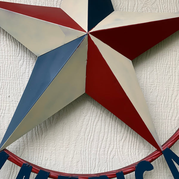 #EH10489 GOD BLESS AMERICA USA FLAG BARN STAR METAL RED WHITE BLUE WESTER HOME DECOR HANDMADE NEW