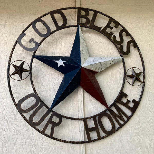 24", 32", 40" GOD BLESS OUR HOME LICENSE PLATE BARN METAL STAR ROPE RING WALL ART WESTERN HOME DECOR RED WHITE & BLUE