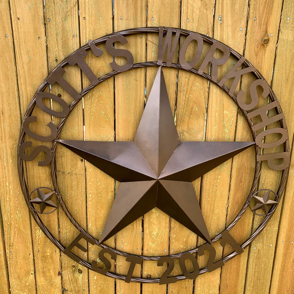 YOUR CUSTOM WORKSHOP NAME STAR METAL BARN STAR ROPE RING WESTERN HOME DECOR VINTAGE RUSTIC BROWN NEW HANDMADE 24",32",36",40",42",44",46",50"