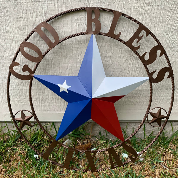 GOD BLESS TEXAS RED WHITE BLUE BARN METAL STAR BRONZE TWISTED ROPE RING WALL ART WESTERN HOME DECOR HANDMADE