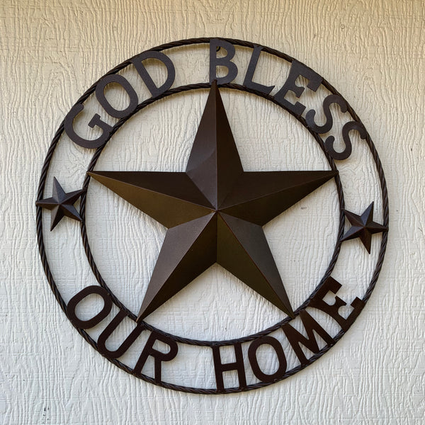 #EH11021 GOD BLESS OUR HOME BARN METAL STAR TWISTED ROPE RING WESTERN HOME DECOR HANDMADE NEW
