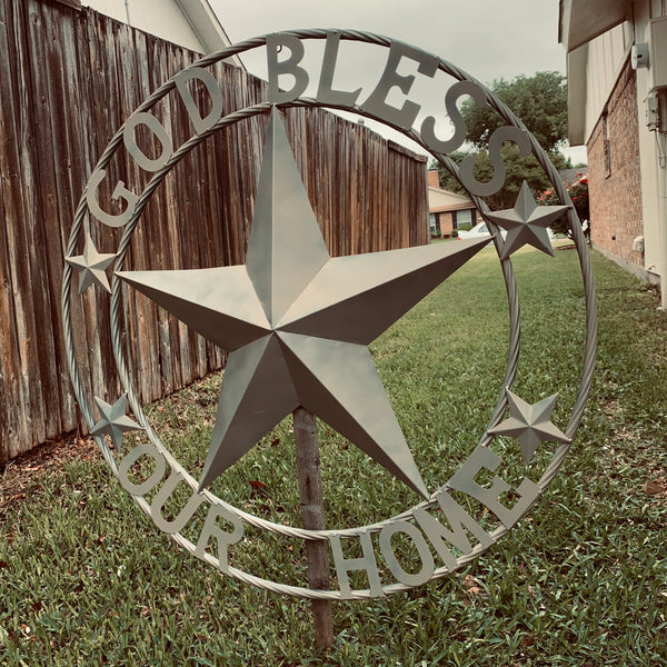 36" GOD BLESS OUR HOME RUSTIC BEIGE BARN METAL STAR ROPE RING WALL ART WESTERN HOME DECOR--FREE SHIPPING