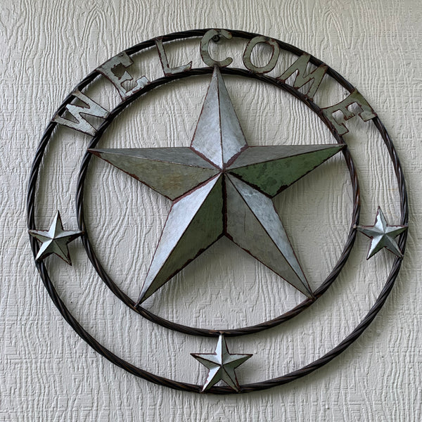 #RT6160 WELCOME GALV 24" METAL BARN STAR TWISTED RING WESTERN HOME DECOR HANDMADE NEW