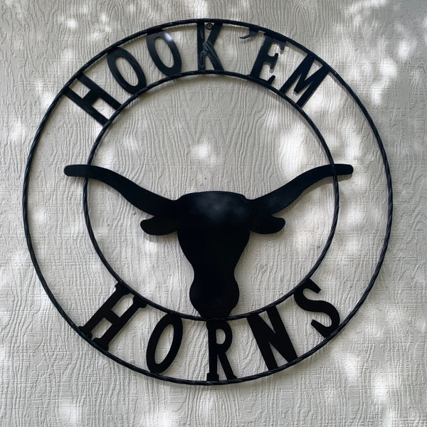 HOOKEM HORNS GLOSSY BLACK TEXAS LONGHORNS HOOK EM METAL CUSTOM VINTAGE CRAFT WALL ART TEAM SIGN HANDMADE