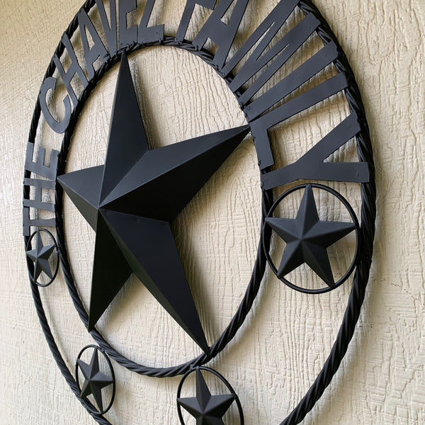 CHAVEZ STYLE CUSTOM FAMILY NAME STAR BLACK STEEL METAL BARN STAR ROPE RING WESTERN HOME DECOR VINTAGE NEW HANDMADE 24",32",34",36",40",42",44",46",50"