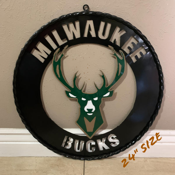 24" MILWAUKEE BUCKS WIDE BAND DISC STYLE METAL CUSTOM VINTAGE CRAFT TEAM SPORTS SIGN HANDMADE