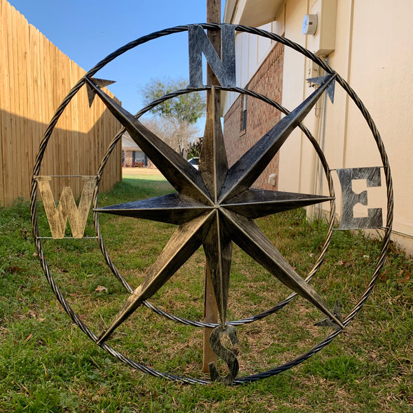 36" COMPASS GREY METAL ART WESTERN METAL ART HOME WALL DECOR RUSTIC GREY