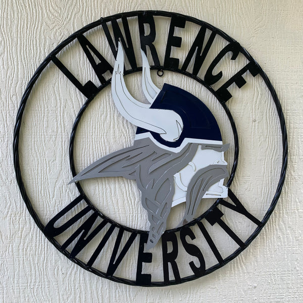 LAWRENCE UNIVERSITY METAL CUSTOM VINTAGE CRAFT WALL ART RUSTIC BLUE SILVER WHITE TEAM SIGN HANDMADE