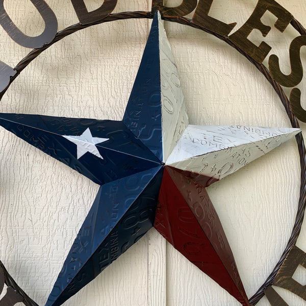 24", 32", 40" GOD BLESS OUR HOME LICENSE PLATE BARN METAL STAR ROPE RING WALL ART WESTERN HOME DECOR RED WHITE & BLUE