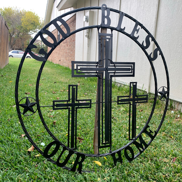 40"GOD BLESS OUR HOME CRUCIFIX CROSS METAL WALL ART BLACK HANDMADE NEW