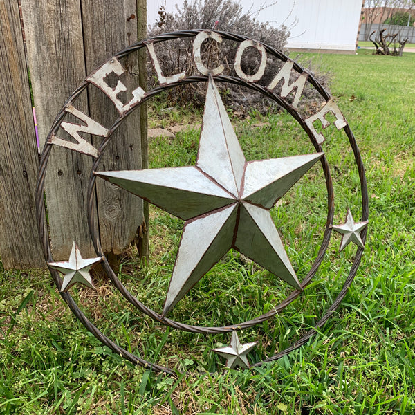 #RT6160 WELCOME GALV 24" METAL BARN STAR TWISTED RING WESTERN HOME DECOR HANDMADE NEW