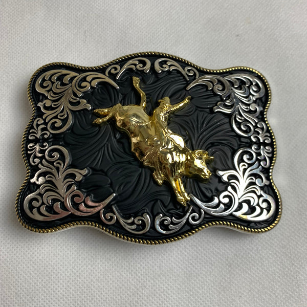 4.5" X 3.5" RODEO BELT BUCKLE BLACK SILVER & GOLD WESTERN BUCKLE FASHION ART NEW #EH12269