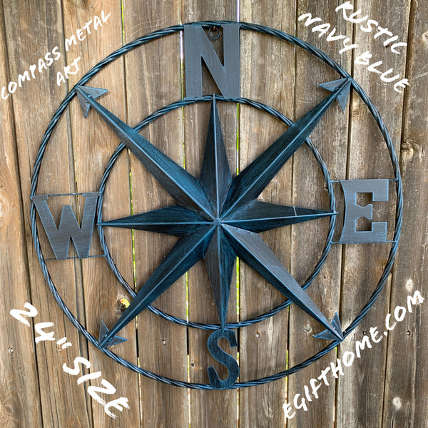COMPASS NAVY BLUE 24" METAL SIGN WESTERN HOME DECOR HANDMADE NEW