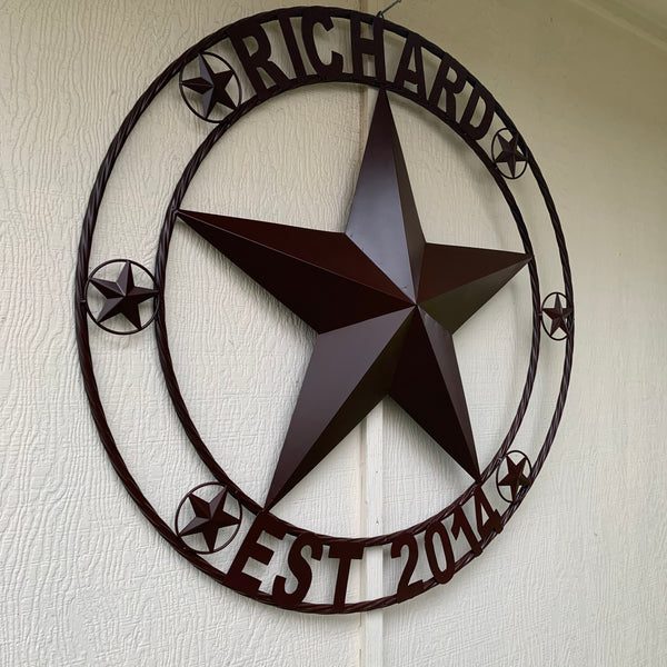 LOPEZ CUSTOM STAR NAME BARN METAL STAR 3d TWISTED ROPE RING WESTERN HOME DECOR RUSTIC  BRONZE HANDMADE 24",32",34",36",40",42",44",46",50"