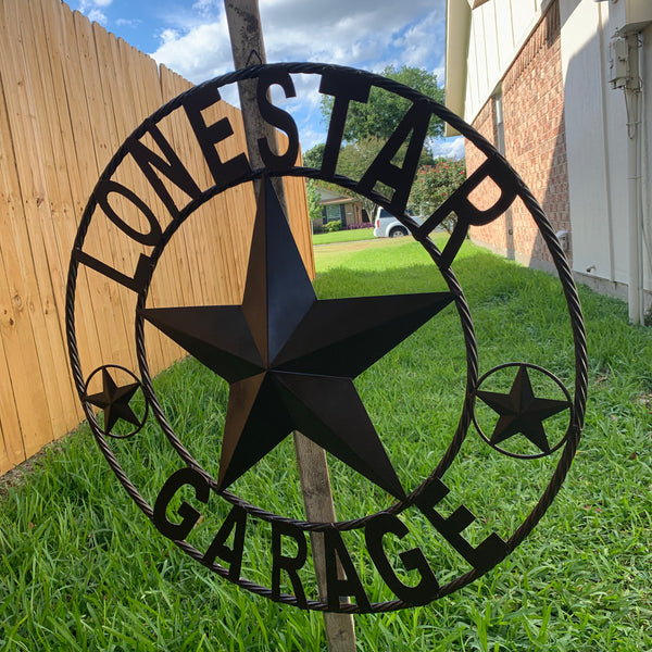 LONESTAR GARAGE STYLE CUSTOM BARN NAME STAR LONESTAR GARAGE METAL NAME BARN STAR WITH TWISTED ROPE RING 3d STAR ART WESTERN HOME DECOR RUSTIC BROWN
