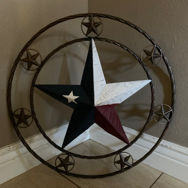 24" LICENSE PLATE MULTI STAR RED WHITE BLUE METAL BARN STAR WESTERN HOME DECOR NEW