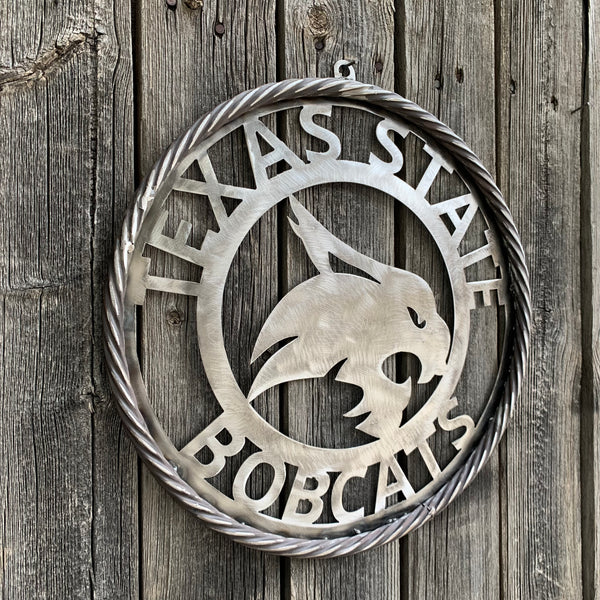 12" TEXAS STATE BOBCATS CUSTOM RAW METAL VINTAGE CRAFT SIGN TEAM ART HANDMADE IN TEXAS