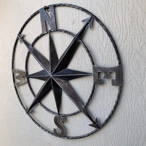 #SI_B8235 COMPASS 24" GREY METAL SIGN WESTERN HOME DECOR HANDMADE NEW