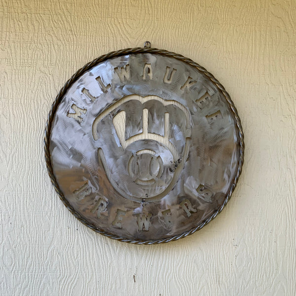 24" MILWAUKEE BREWERS RAW METAL WIDE BAND DISC STYLE CUSTOM METAL VINTAGE CRAFT TEAM SIGN HANDMADE
