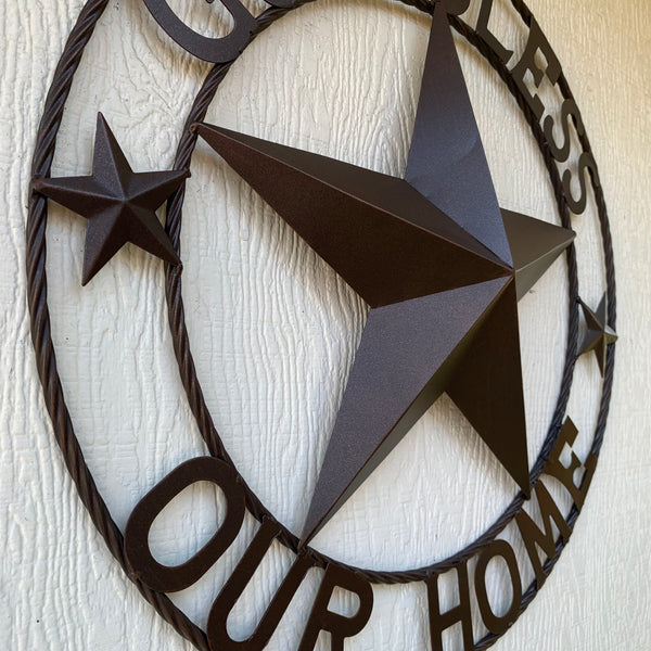 #EH11021 GOD BLESS OUR HOME BARN METAL STAR TWISTED ROPE RING WESTERN HOME DECOR HANDMADE NEW